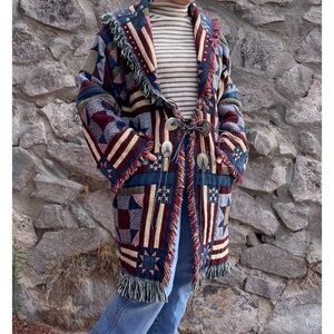 Handcrafted | Reworked Tapestry Fringe Blanket Cardigan Coat Quilt-Look Pattern